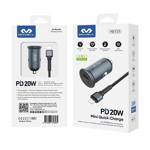 MICCELL CARGADOR VEHICULAR IPHONE 20W 